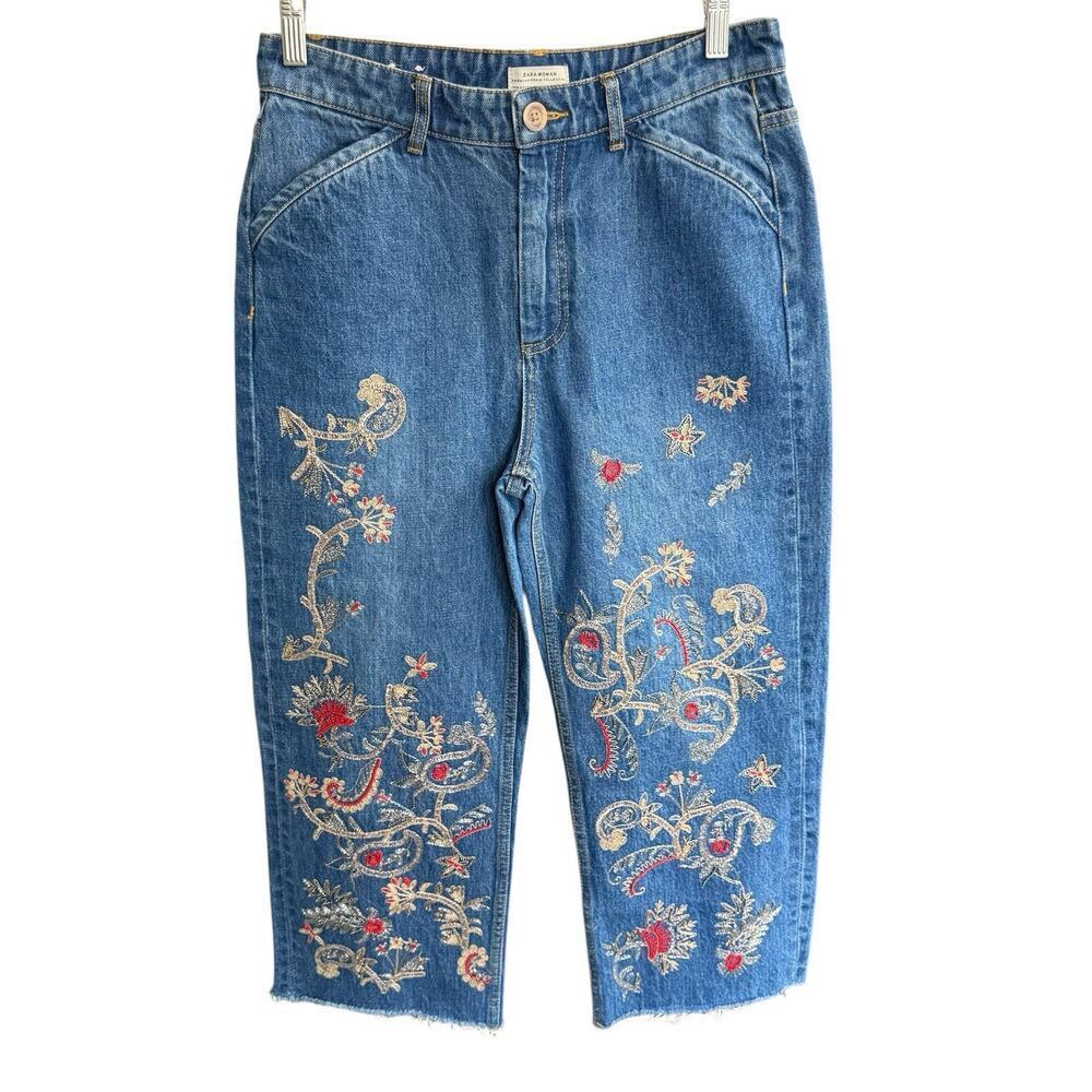 Zara Premium Denim Culotte Jeans With Embroidery Blue Gold Red Small High Waist
